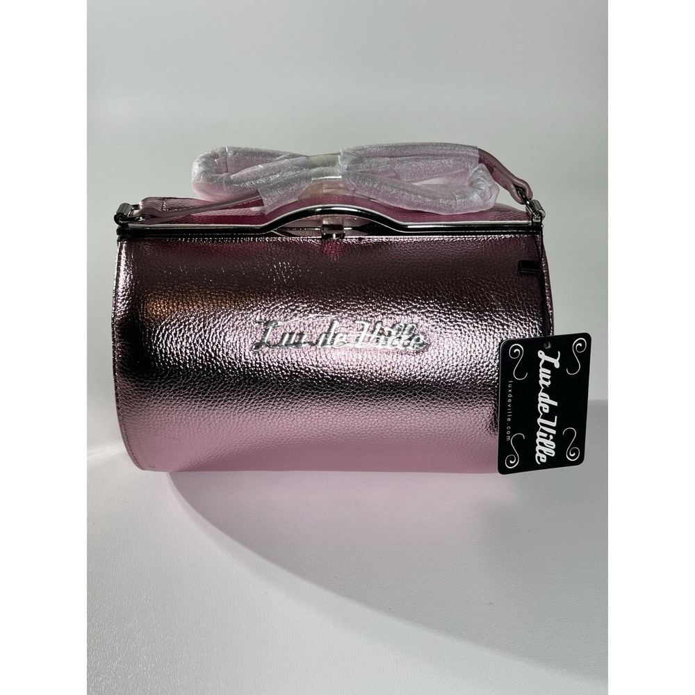 NWT Lux de Ville Pink Shimmer Cutie Pie Kiss Lock Bag Barrel Purse Rockabilly